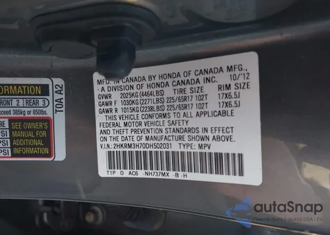 2013 Honda Cr-V Ex-L from USA, damaged, VIN 2HKRM3H70DH502031